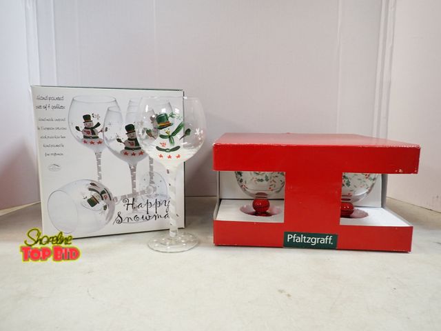 Lot 59-41545 - Set of 4 Pfaltzgraff Pedestal Dessert Bowls, Etched &amp; Hand Painted and Set of 4 Hand Painted Gob...