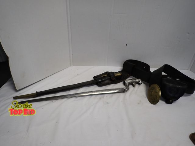 Lot 59-10406 - British Pattern 1853 Enfield Socket Bayonet with Leather Scabbard &amp; Belt with Brass Belt Buckle,...