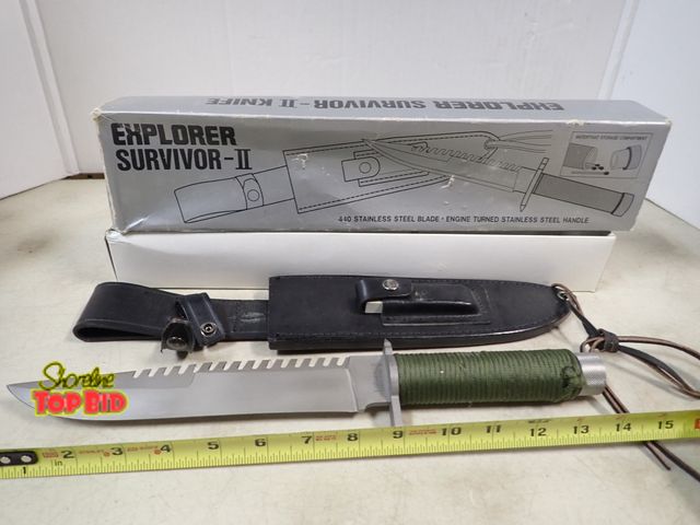 Lot 59-41271 - New Japan No. 21-052 440 Stainless Blade Explorer Survivor II Storage Handle &amp; Leather Sheath