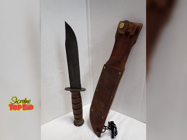 Lot 59-10402 - Full-Size Vintage 7" Blade Ka-Bar U.S. Marine Corps Fighting Knife with Leather Scabbard U.S.M.C. Es...