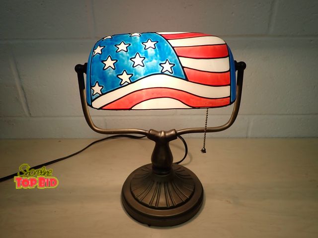 Lot 59-41040 - Tiffany-Inspired Stained Glass American Flag Bankers Lamp