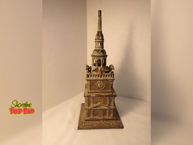 Lot 59-21265 - Antique Cast Iron Independence Hall "Tower Bank" Semi-Mechanical by Enterprise. When coin is dropped...