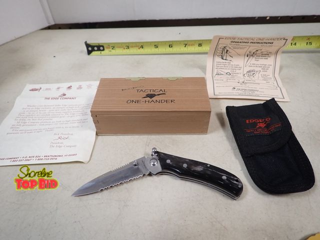 Lot 59-41445 - Edgeco Tactical One-Hander Locking Blade Knife with Wooden Box Holder