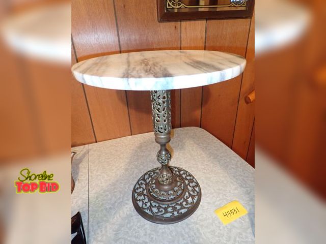 Lot 59-43332 - Beautiful French Marble Top Solid Brass Filigree Base Cocktail Table 17" tall x 15" dia