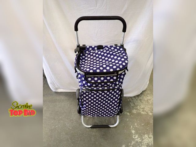 Lot 59-20013 - Blue and White Polka Dot Rolling Utility Shopping Cart, Folding Metal Frame and Multiple Zippered St...