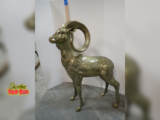Lot 59-10108 - 1970s Beautiful Yellow Brass Big Horned Ram Large 28" tall Vintage Sculpture. Estimated value $700.0...