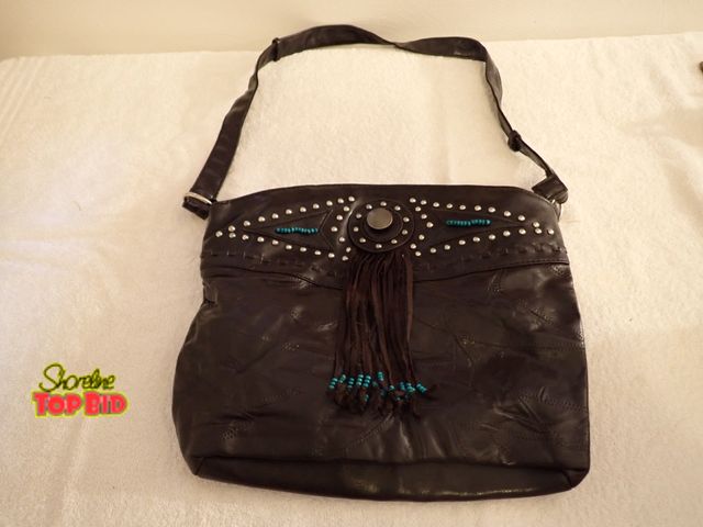 Lot 59-43298 - Vintage Lisette Brown Leather Studded Western Fringe Hobo Bag with Turquoise Colored Beads, Gently U...
