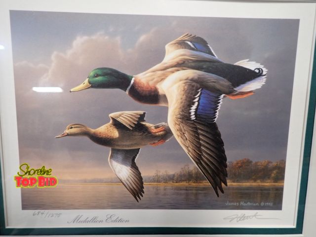 Lot 59-50044 - Jim Hautman 1995 US Med 2 Stamps 14295 Mallard In Flight Medallion Edition 684 18" x 17" Custom Fram...