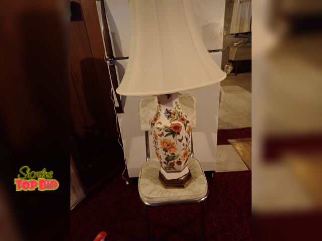 Lot 59-43037 - Ceramic Ginger Jar Table Lamp with Floral &amp; Butterfly Pattern, White Fabric Shade