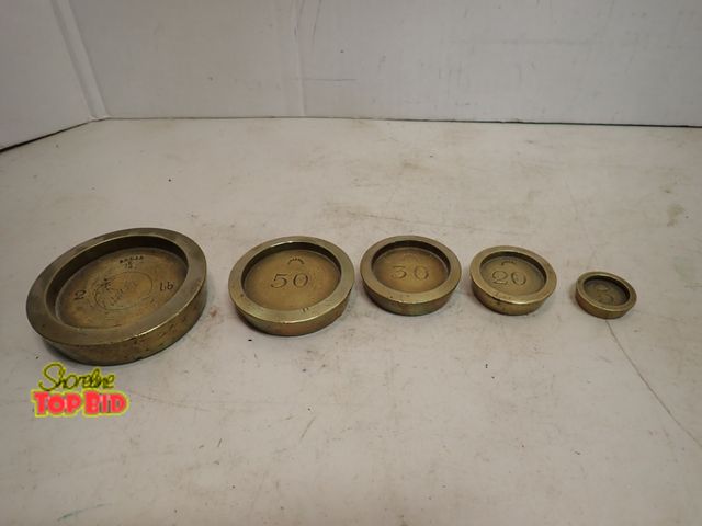 Lot 59-14657 - Ca. 1850-1890 Brass Nesting Weights 2 lb. "AVoir" &amp; Set of 4 Sovereign Weights No. 50, 30, 20 &a...