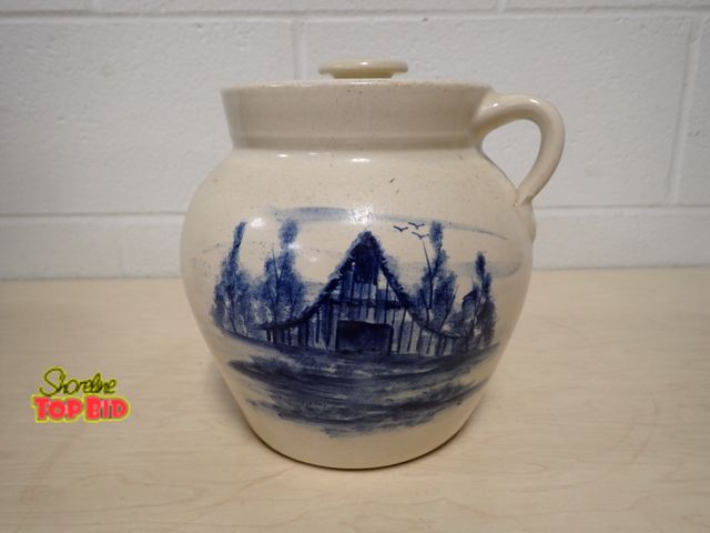 Lot 59-33152 - Paul Storie Pottery Lidded Crock, Blue Barn Countryside Scene
