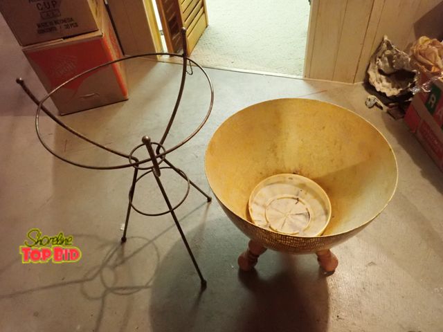 Lot 59-43363 - Mid-Century Wire Flower Pot Holder &amp; Original Fiberglass Pot, Modified on 3 Wooden Legs