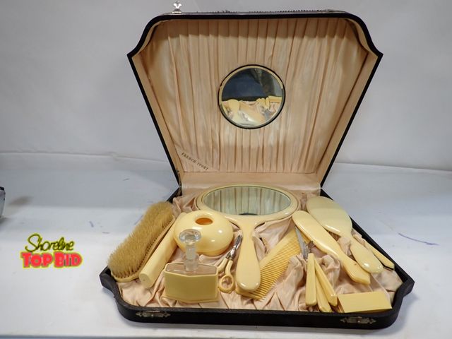 Lot 59-14490 - Rare French Ivory Celluloid Dresser Vanity Set, Ca. 1900 Art Deco with Original Case has Attached Mi...