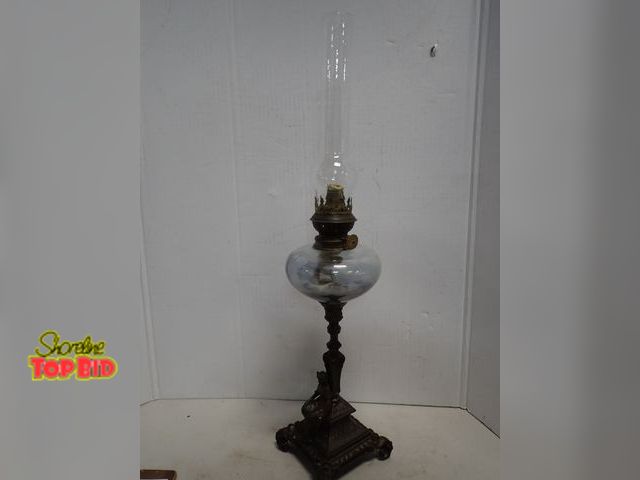 Lot 59-14433 - Victorian Ca. 1880 Art Nouveau Bronze Style Seating Woman Base Oil Lamp, possibly Made in France, 27...