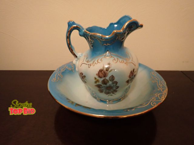 Lot 59-43219 - Vintage Handcrafted Pitcher and Wash Basin by Imperial Pottery of Joplin, Missouri, Blue and White F...