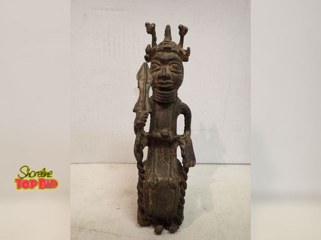 Lot 59-14440 - Original Bronze Statue Crowned Seated OBA Holding a Sword from Kingdom of Benin - OBA means King or ...