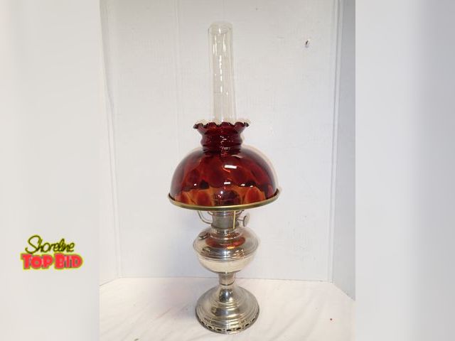 Lot 59-14025 - Ca. 1880 Victorian, Beautiful Nickel Plated Body with Ruby Red Cranberry Orbed Glass Shade Oil Lamp,...