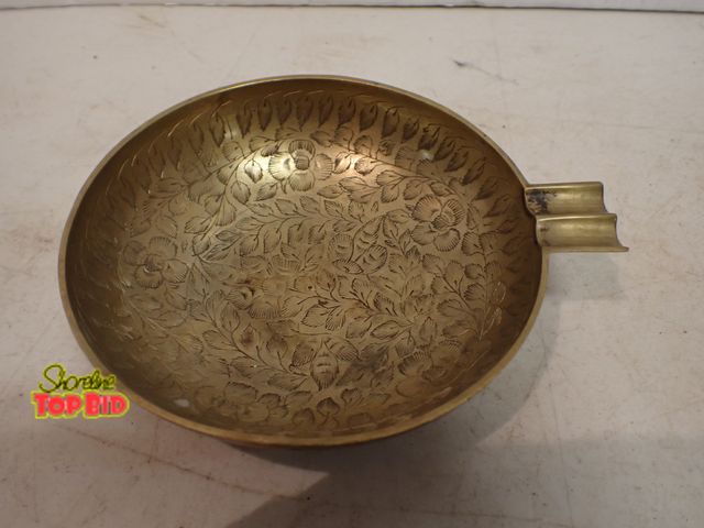 Lot 59-14502 - Vintage Brass Ashtray, hand0etched floral and leaf motifs, India Mid-20th Century, 1950s-1970s