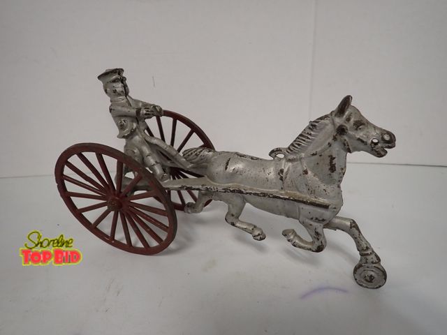 Lot 59-10164 - Original Ca. 1910 Antique Cast Iron Horse Drawn Racing Sulky with Driver 9" long