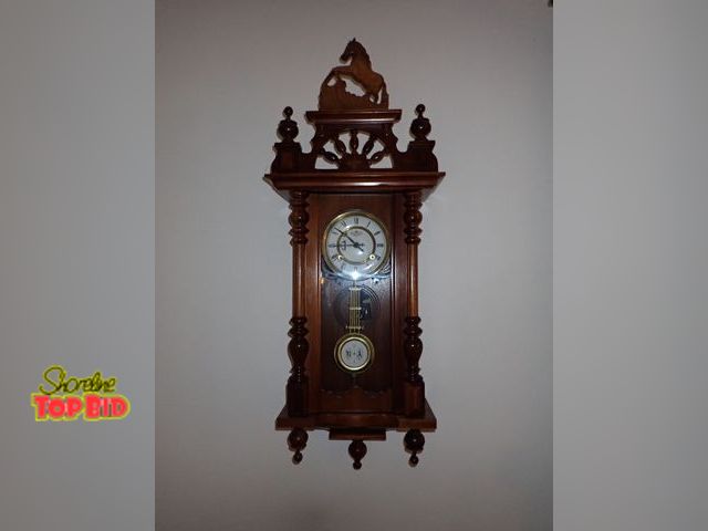 Lot 59-43059 - Vintage Regulator Wall Clock Western Prop Walnut Wood T &amp; A Pendulum - Beautiful with Key