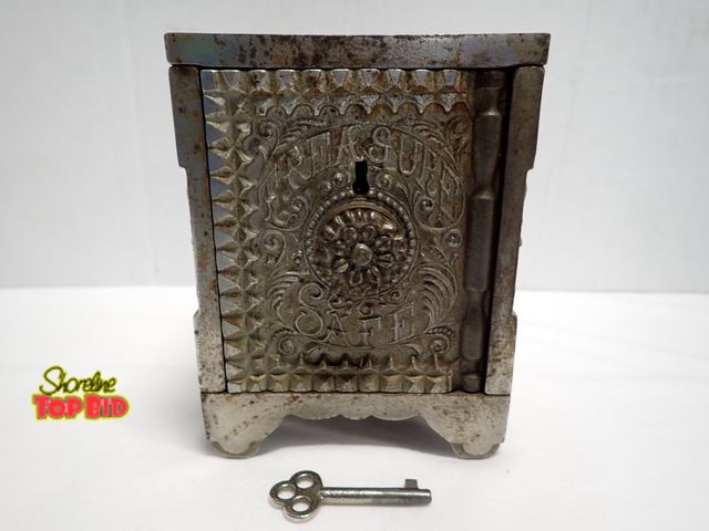 Lot 59-10235 - J &amp; E Stevens Combination Treasure Safe No. 45 Cast Iron with Mickel Plating with Key 5" x 4" x ...