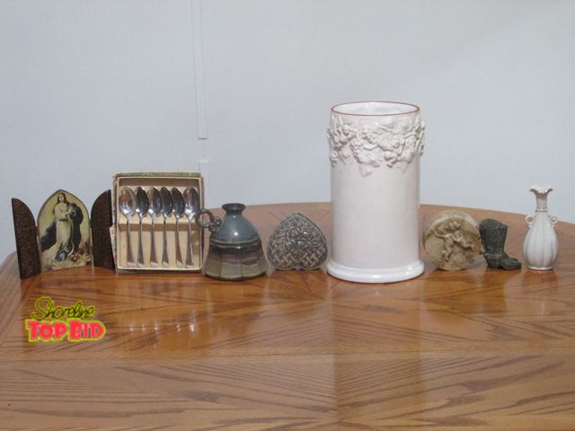 Lot 59-10143 - Lot of 8 assorted decorative curios, includes a 6 piece spoon set made in Sheffield, England, and a ...