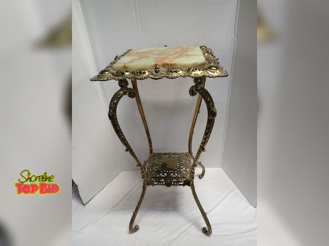 Lot 59-10261 - Antique Brass and Onyx Fern Table Stand. 30" x 14" x 14", includes Lion Head Decor, likely Manufactu...