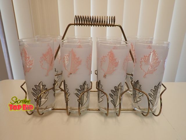 Lot 59-39200 - Vintage Libbey Pink and Black Leaf Highball Glasses with Carrier, MCM, Atomic