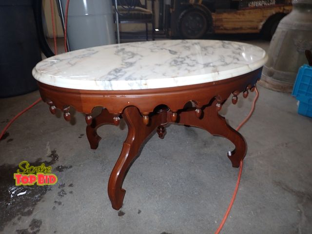 Lot 59-10085 - Vintage Victorian Style Oval Coffee Table, Marble Top Carved Wood Base