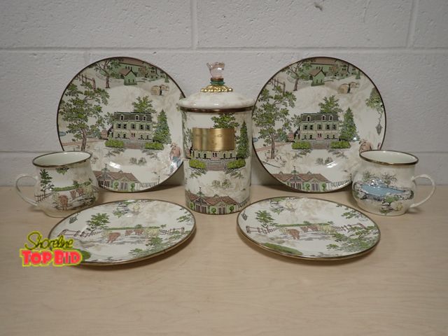 Lot 59-43858 - Mackenzie Childs Aurora Enamel Set, includes 2 Large Plates, 2 Small Plates, 2 Mugs and Large Macken...