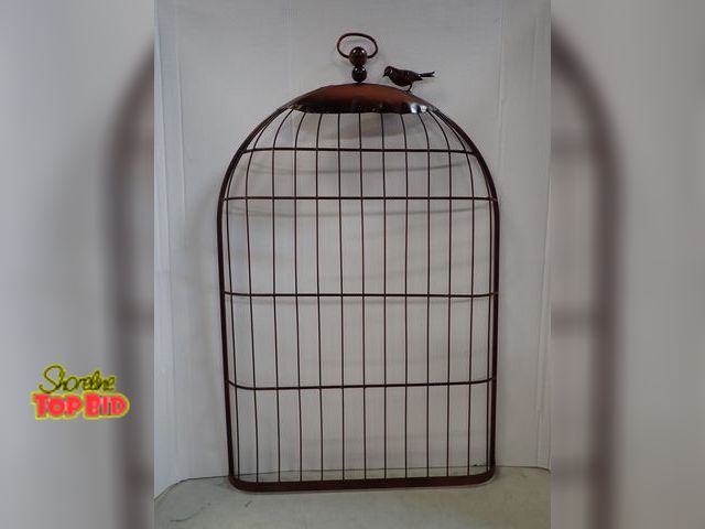 Lot 59-41656 - Metal half dome bird cage wall hanging measure's 22" wide 31" high to top frame make it your choice ...