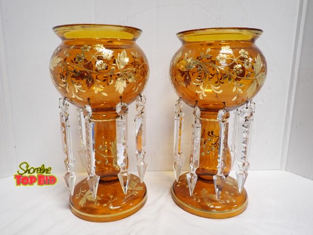Lot 59-14068 - Pair of Antique Bohemian Amber Glass Mantel Luster, with Gold Gilding Painted Flowers and Leaves wit...