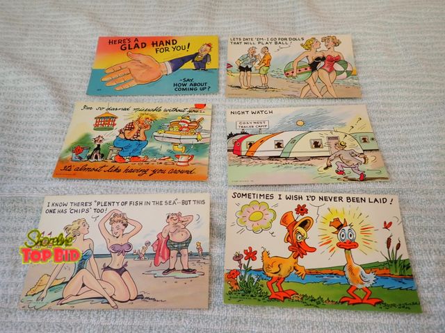 Lot 59-21413 - (6) 1940s Mid-Century Comical Unused Postcards