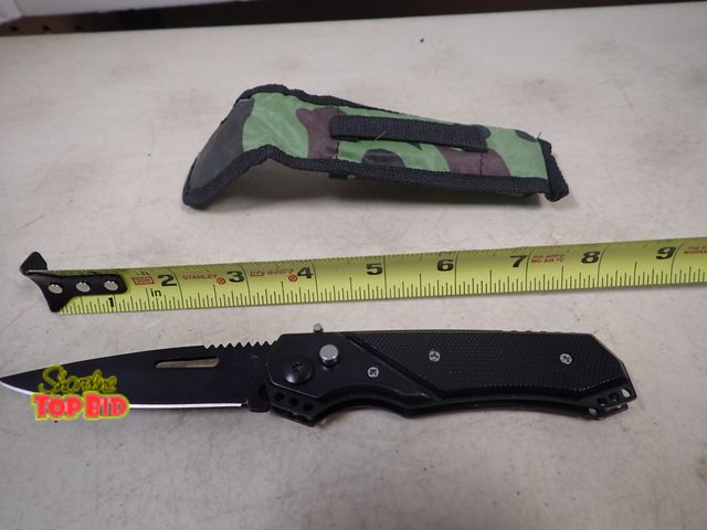 Lot 59-41442 - Custom Hunting Knife with Spring Action Open with Lock with Camo Holder, New, Stainless