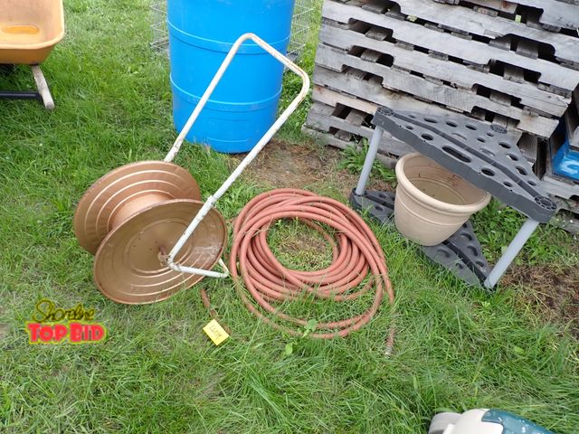 Lot 59-21277 - Hose, Hose Reel, Corner Shelf &amp; Planter