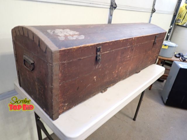 Lot 59-30045 - Rare Primitive Humpback Storage Trunk Double Clasping Metal Handles, Tin Nailed Ends, Very Sturdy 48...