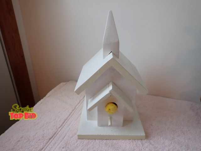 Lot 59-43432 - Handcrafted White Wooden Birdhouse, Shape of a Church