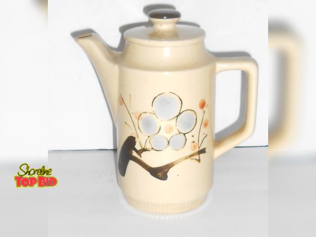 Lot 59-74241 - Vintage 60's Japan Stoneware Coffee/Tea Pot. Hand-painted with a tan/beige glaze and a brown and ora...