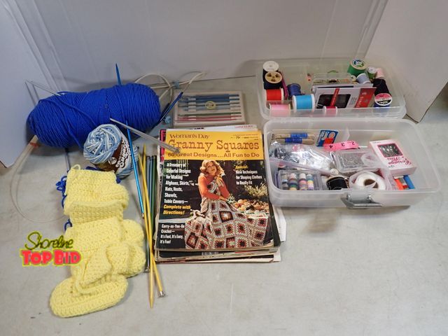 Lot 59-41647 - Knitting needles, sewing supplies in storage container with magazines
