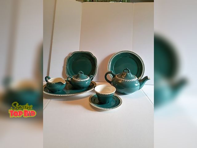 Lot 59-10200 - Vintage Harker ware "Corinthian" teal green tea and service set featuring a distinct raised white ro...