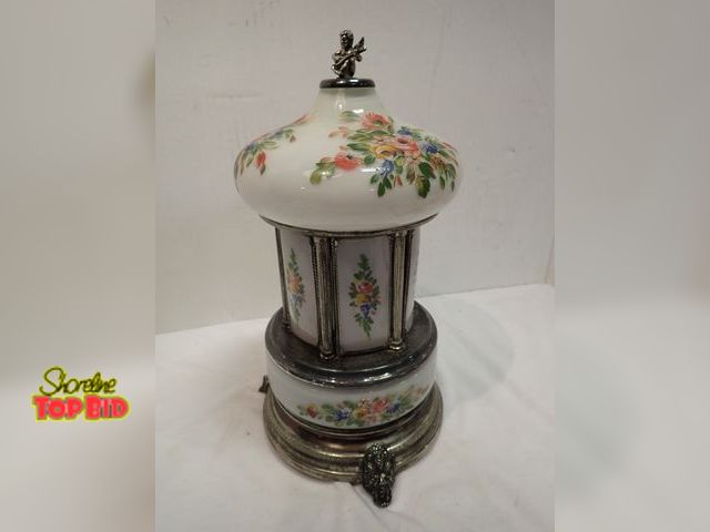 Lot 59-14018 - Reuge Swiss Italian Porcelain Cigarette Music Box Carousel 12 1/2" tall, Working