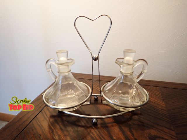 Lot 59-43066 - Vintage Set of Glass Cruets with Decorative Metal Caddy - MCM - Very Cute Heart Handle