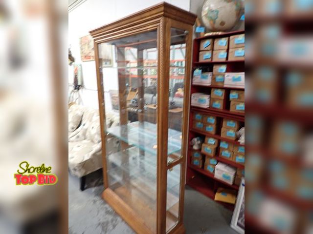 Lot 59-43222 - Oak &amp; Glass Display Cabinet 5 Adjustable Shelves Beveled Front Glass Window W/ Light &amp; Mirro...