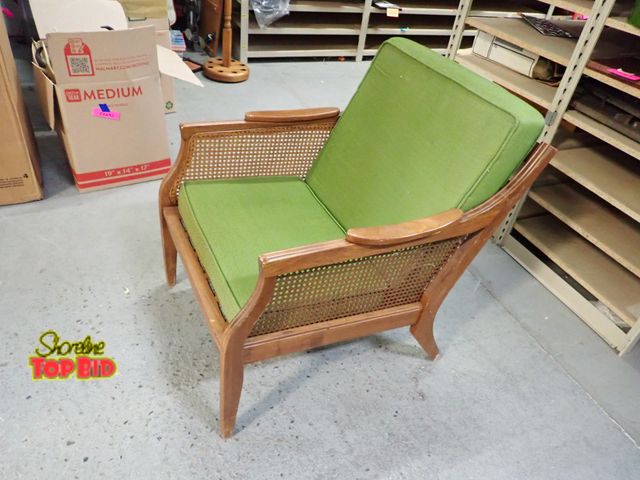 Lot 59-50214 - Mid-century teak arm chair with original cushions, cane side panels,  spindle back very good solid c...