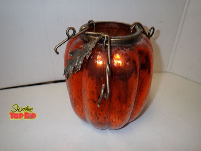 Lot 59-21558 - Speckled Orange Mercury Glass Pumpkin Candle Holder 10" tall