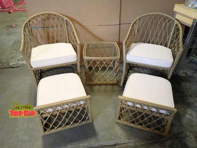 Lot 59-30072 - 5 Piece Set New Hampton Bay Rattan/Wicker Chairs, Indoor/Outdoor with Footstools/Ottomans that slide...