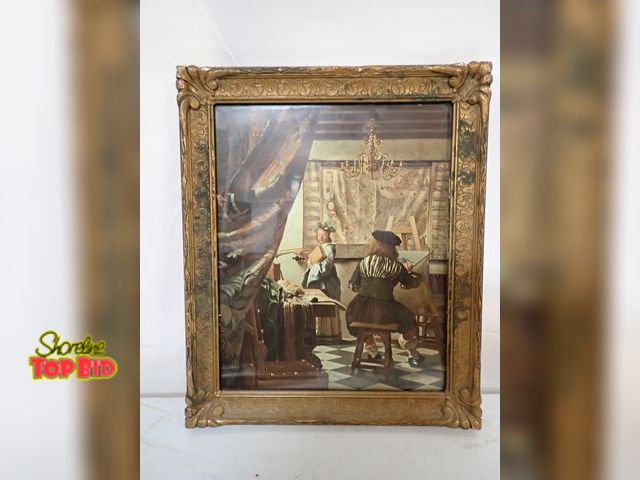 Lot 59-14401 - Antique Framed Print of "The Art of Painting" by Iconic 17th Century Artist Johannes Vermeer, 14" x ...