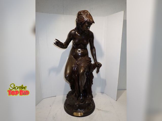 Lot 59-10132 - Bronze Sculpture by French Artist Jean Louis Gregoire, Young Nude Maiden Holding Flute her drapery c...