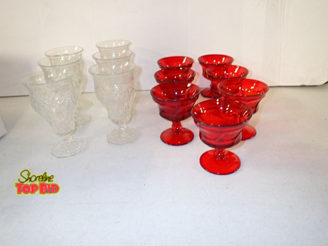 Lot 59-60000 - 7 Vintage Fostoria Jamestown Ruby Red Sherbet Goblets and 6 Vintage McKee Glass Co Rock Crystal Patt...