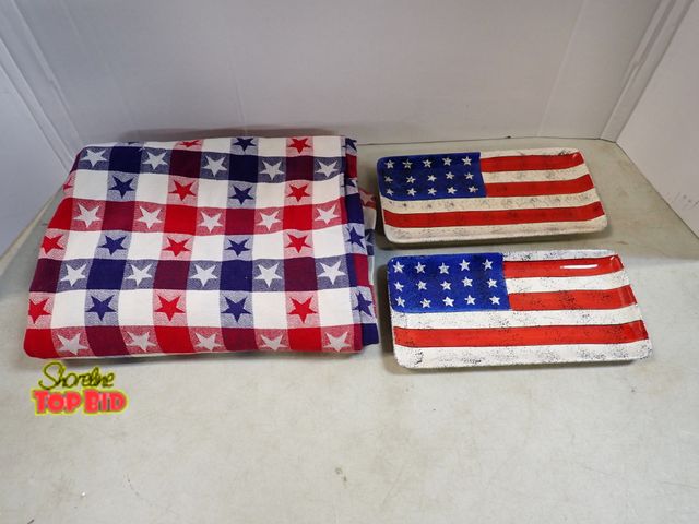Lot 59-41649 - 8ft Banquet table star tablecloth and 2 ceramic American flag serving tray's